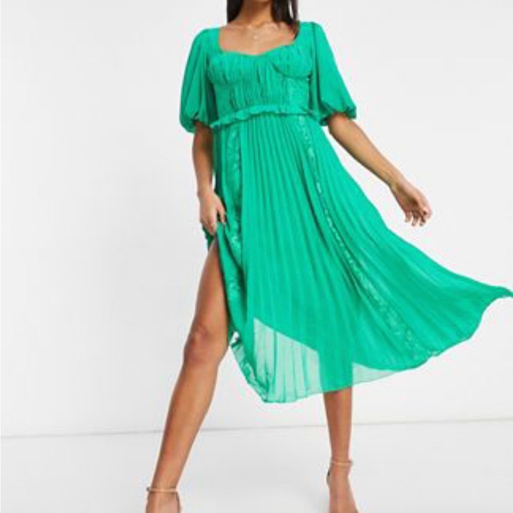 ASOS holiday green puff sleeve pleated midi dress with lace inserts